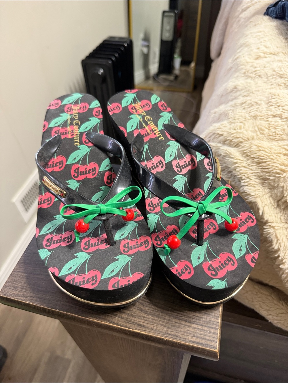 Juicy Couture Black Flip Flops with Red Cherry Print and Green Bow